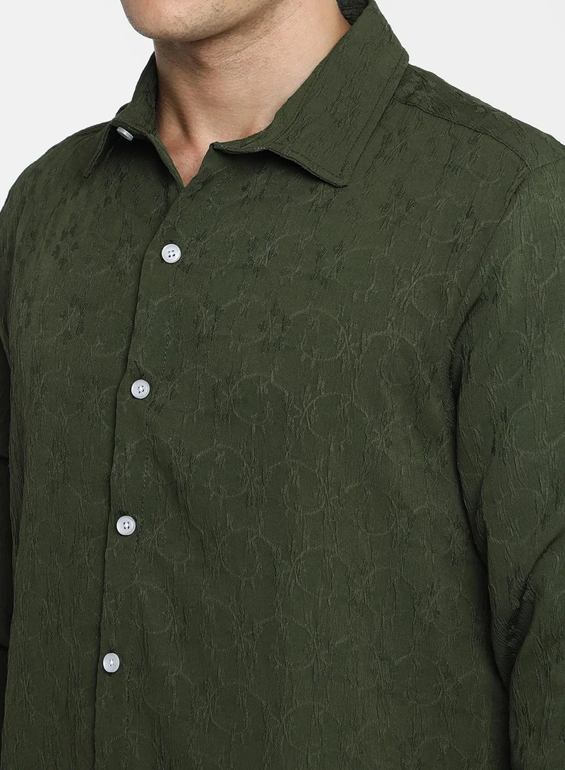 Campus Sutra Men's Forest Green Floral-Textured Shirt