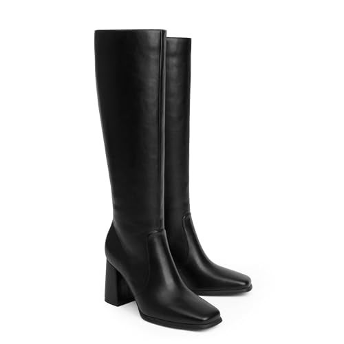 Modatope Black Chunky Heel Square toe Knee High Boots for Women with Side Zipper Womens Block Heel Fall Tall Boots Size 9 - Image 4