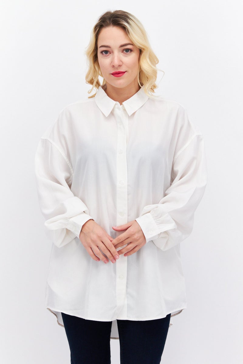 ESPRIT بلوزة نسائية بأكمام طويلة وفتحة عنق مدببة بحجم كبير، بيضاء - Image 1