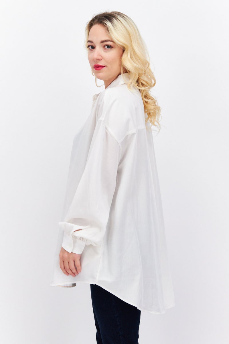 ESPRIT بلوزة نسائية بأكمام طويلة وفتحة عنق مدببة بحجم كبير، بيضاء - Image 3