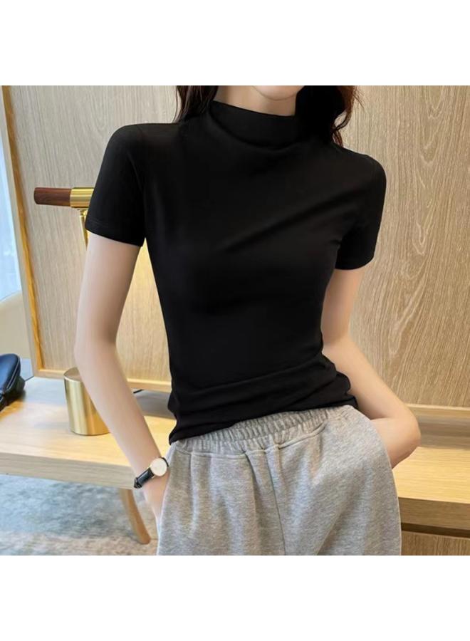 Solid Color T-shirt Women's Summer New Simple Style Women's Clothing Cotton Slim-fit All-match Top Half-high Collar Short-sleeved T-shirt 