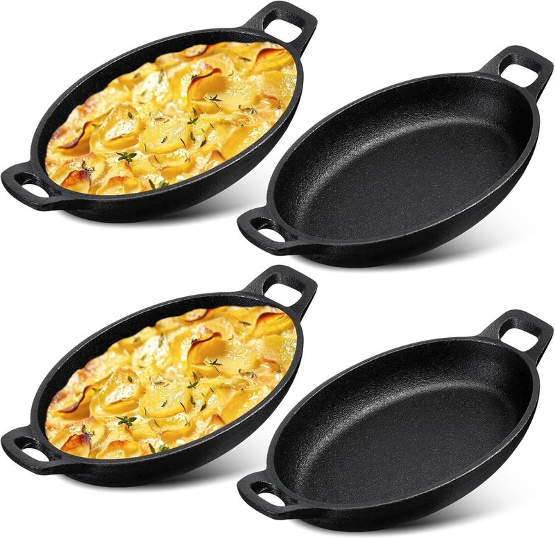 Mifoci 4 Pcs Oval Serving Dish Mini Cast Iron Skillet Cast Iron Baking Pan Sizzling Plate Matte Black Gratin Cookware for Home Restaurant Kitchen Food Service Barbecue 87 x 47 Inch - Image 1