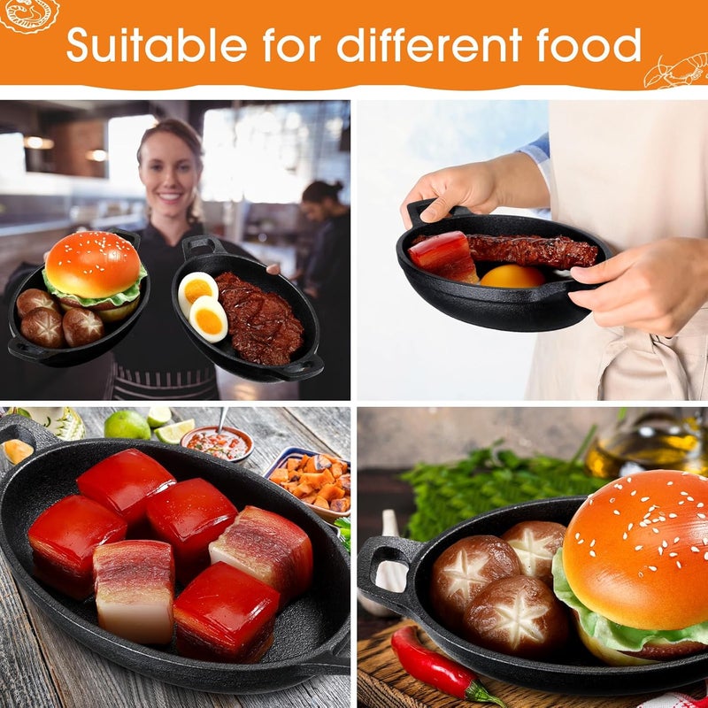 Mifoci 4 Pcs Oval Serving Dish Mini Cast Iron Skillet Cast Iron Baking Pan Sizzling Plate Matte Black Gratin Cookware for Home Restaurant Kitchen Food Service Barbecue 87 x 47 Inch - Image 4
