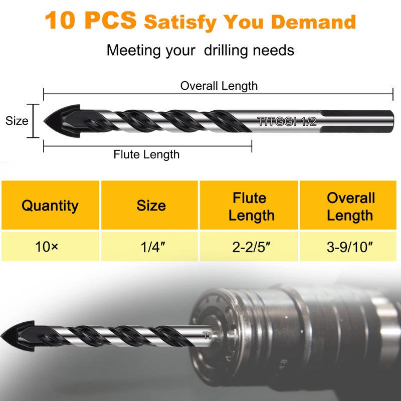 TITGGI 1/4" (10PCS) Masonry Drill Bit Set & Cement Drill Bits, Professional Concrete Drill Bit Set for Glass/Brick/Plastic/Cement/Wood/Tile/Etc, Industrial Strength Carbide Drill Bit Tip - Image 3