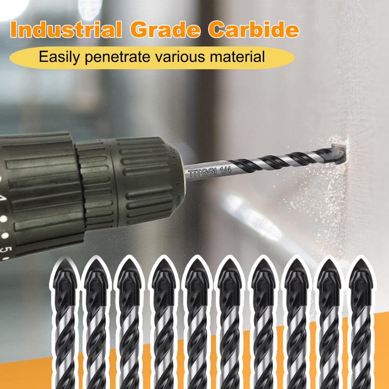 TITGGI 1/4" (10PCS) Masonry Drill Bit Set & Cement Drill Bits, Professional Concrete Drill Bit Set for Glass/Brick/Plastic/Cement/Wood/Tile/Etc, Industrial Strength Carbide Drill Bit Tip - Image 2