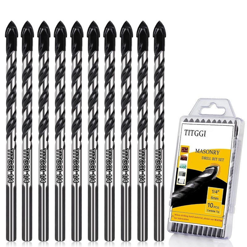 TITGGI 1/4" (10PCS) Masonry Drill Bit Set & Cement Drill Bits, Professional Concrete Drill Bit Set for Glass/Brick/Plastic/Cement/Wood/Tile/Etc, Industrial Strength Carbide Drill Bit Tip - Image 1