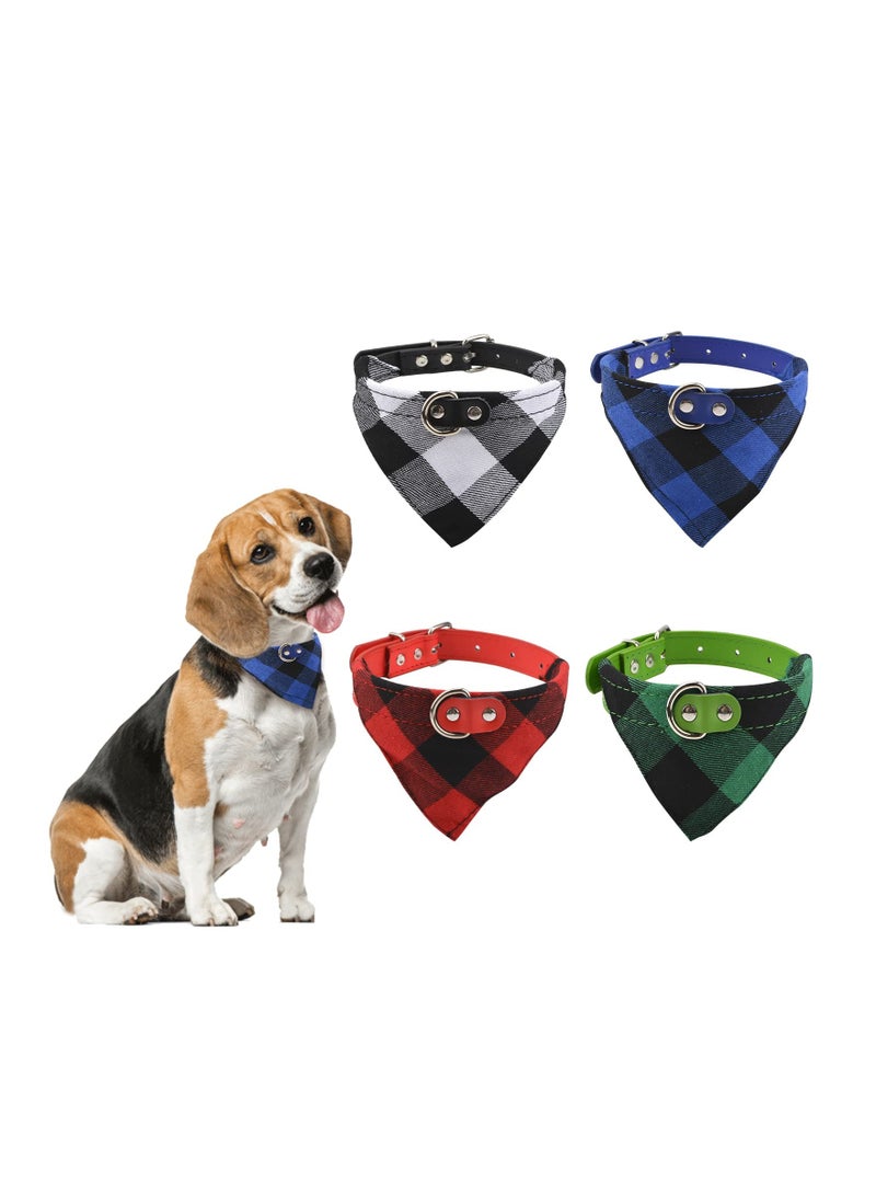 Excefore Dog Bandana Collar, 4 Pieces Cute Plaid Bandana Dog Collar Adjustable Pet Triangle Bibs Buckle Collar Leather for Dogs Pets, L - Image 1
