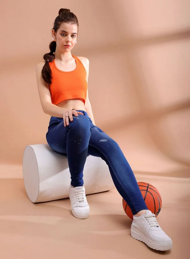 Freehand Women Straight Fit Laser Print High-Rise Jeans