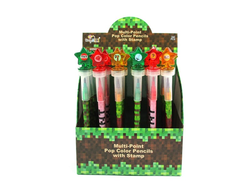 TINYMILLS 24 Pcs Pixel Miner 2 in 1 Stackable Crayons with Stamper Toppers â€“ Multi-Point Stacking Crayon Pencils, Kids Party Favors, Classroom Rewards, Goody Bag Stuffers, Prizes - Image 1