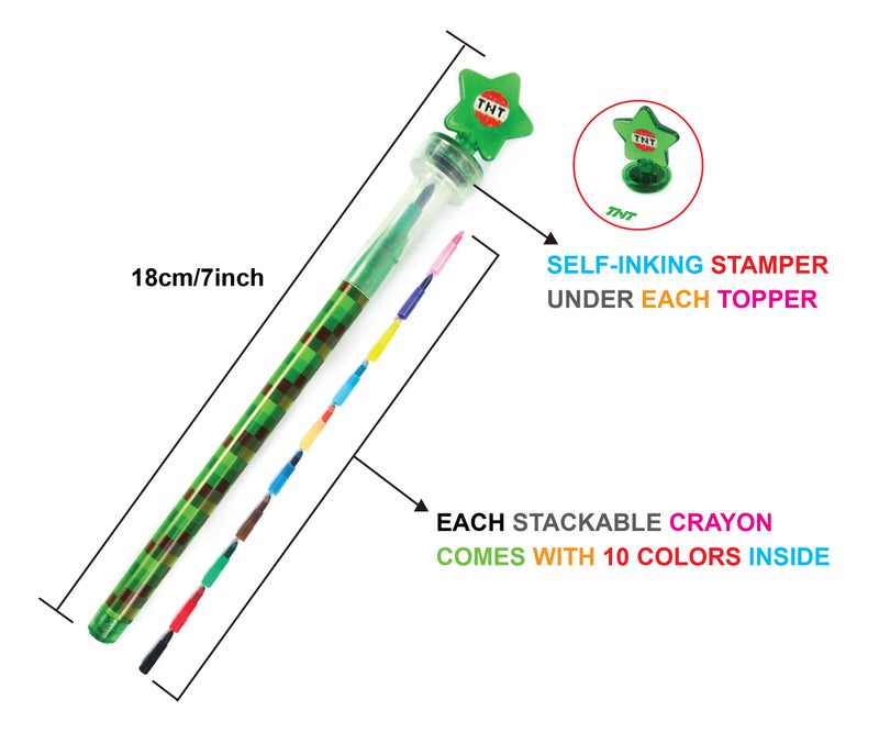 TINYMILLS 24 Pcs Pixel Miner 2 in 1 Stackable Crayons with Stamper Toppers â€“ Multi-Point Stacking Crayon Pencils, Kids Party Favors, Classroom Rewards, Goody Bag Stuffers, Prizes - Image 5