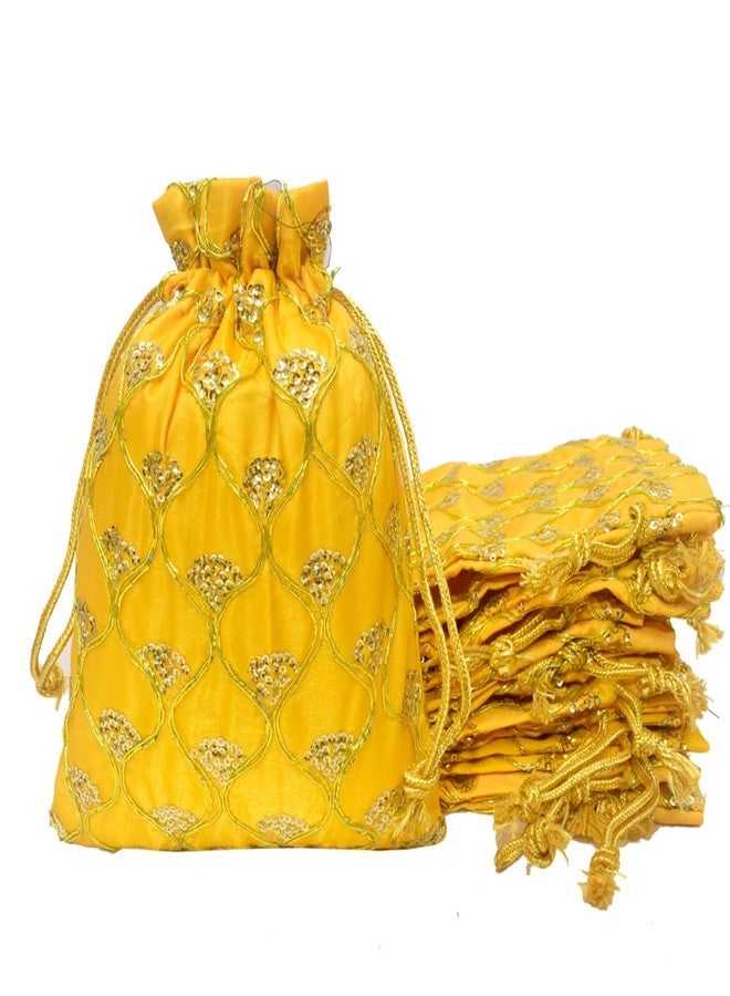 Dulhan Set of 15 Small Size Silk Fabric JHAROKHA Potli Bags for Return Gifts with embroidered Heavy Sequin Work, Yellow ethnic potli jewelry bag for rakhi barati janmashtmi Handbag 5 x 7 inches - Image 1