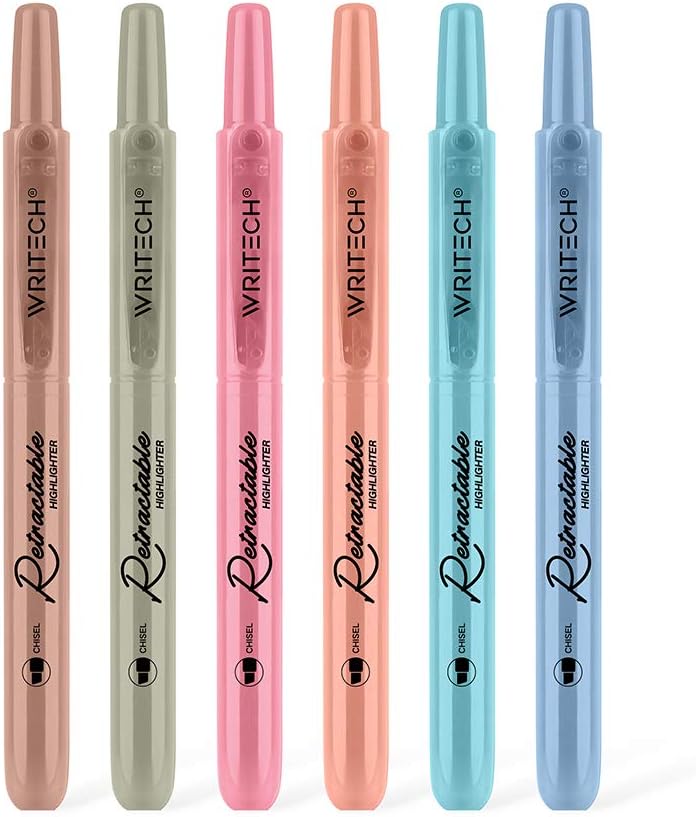 WRITECH Retractable Highlighters Assorted Colors: Chisel Tip Click Aesthetic Highlighter Marker Pens Pack Multi Colored Ink No Bleed Smear for Highlighting Journaling (6ct Vintage) - Image 1