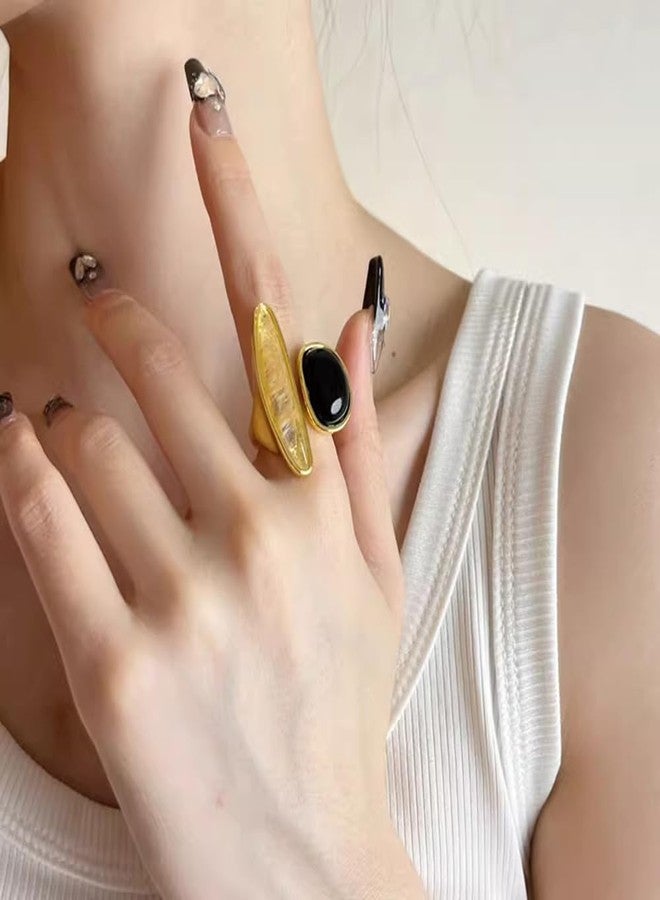 OIDIMS خاتم عقيق أسود غير متماثل للنساء، تصميم بسيط مفتوح، خاتم إبهام مطلي بالذهب، قابل للتعديل، خاتم وعد، مريح، مناسب لحفلات الزفاف، قطعة مجوهرات فريدة وأنيقة. - Image 4