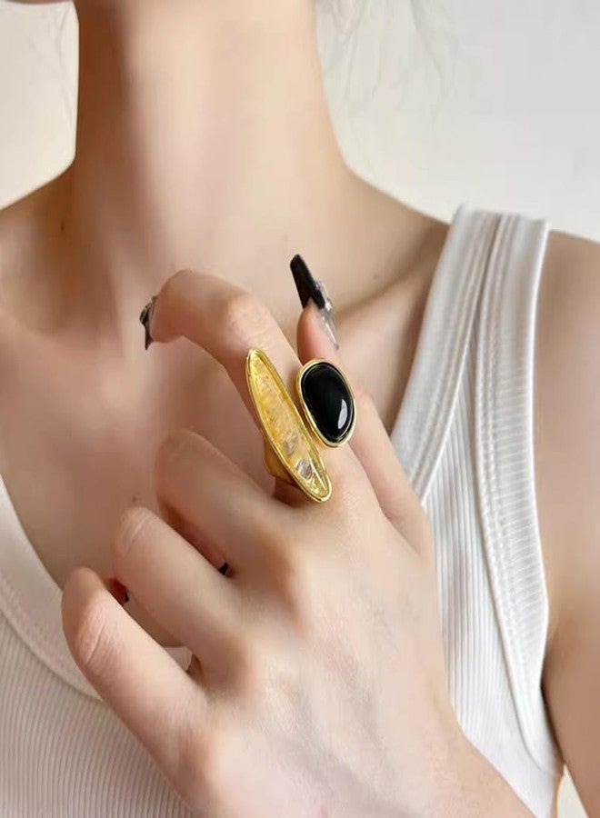 OIDIMS خاتم عقيق أسود غير متماثل للنساء، تصميم بسيط مفتوح، خاتم إبهام مطلي بالذهب، قابل للتعديل، خاتم وعد، مريح، مناسب لحفلات الزفاف، قطعة مجوهرات فريدة وأنيقة. - Image 2