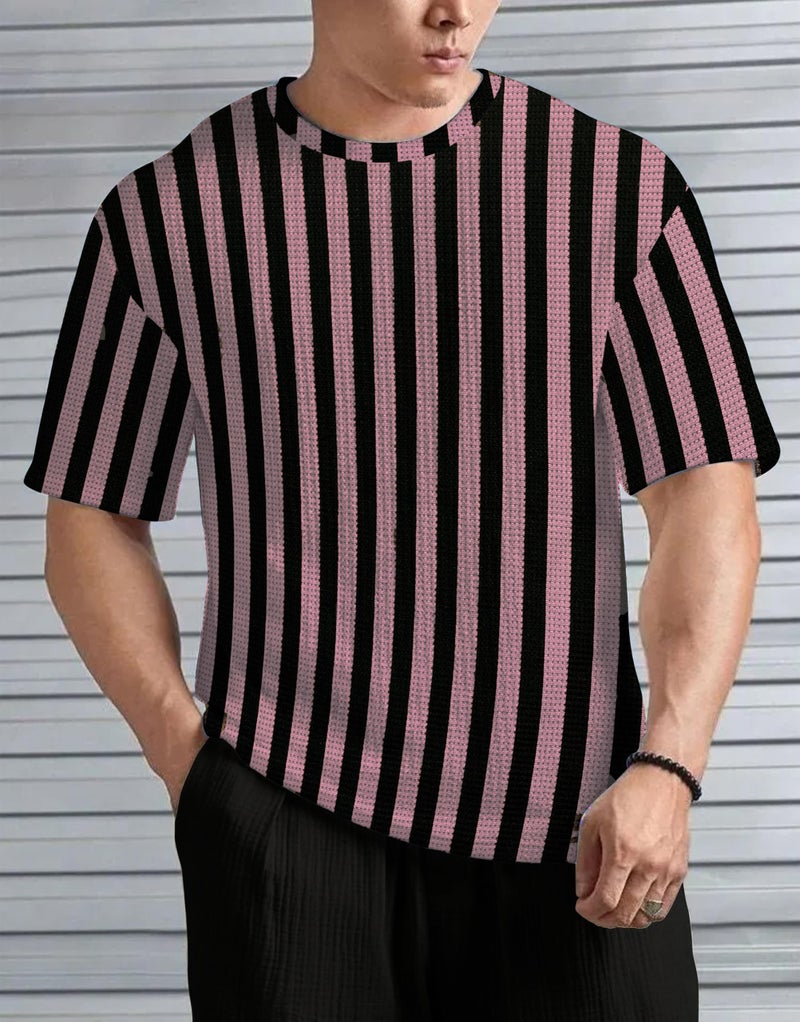 KAJARU Men's Striped Waffle Pattern T-Shirt, Round Neck (in, Alpha, 2XL, Regular, ONIONPINK) - Image 4