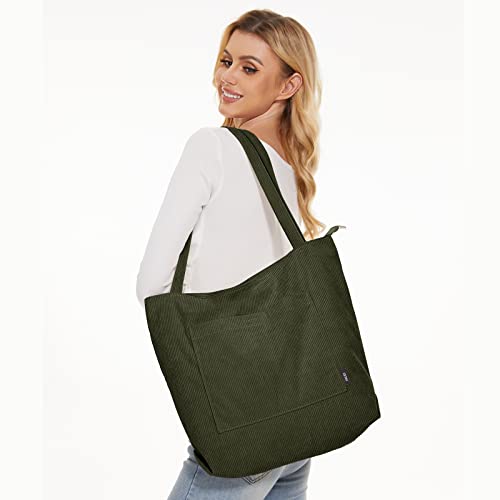 KALIDI Women Corduroy Tote Bag Casual Tote Shoulder Bag with Zipper Pockets Large Hobo Handbag Big Capacity Shopping Work Bag - Image 4