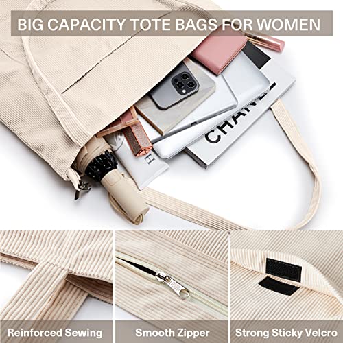 KALIDI Women Corduroy Tote Bag Casual Tote Shoulder Bag with Zipper Pockets Large Hobo Handbag Big Capacity Shopping Work Bag - Image 5