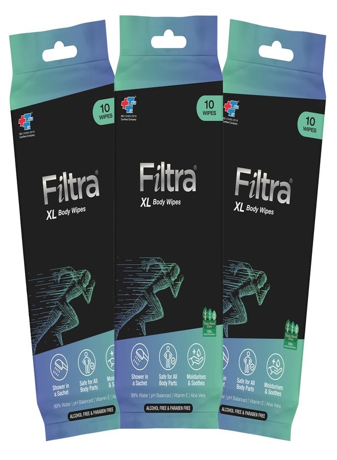 Filtra® XL Body Wipes | Extra Large & Thick Full Body Wipes | Pack of 10 Single Sachets Wipes | Shower in a Sachet | Suited for Gym | Fitness | Sports | Athletes | Cricket | Soccer | Runners | Racket Sports | Travel | Commuter | Trekking | Camping | Festivals | Road Trips - Travel Pack of 10 Single Sachets - 10 count (Pack of 3) - Image 1