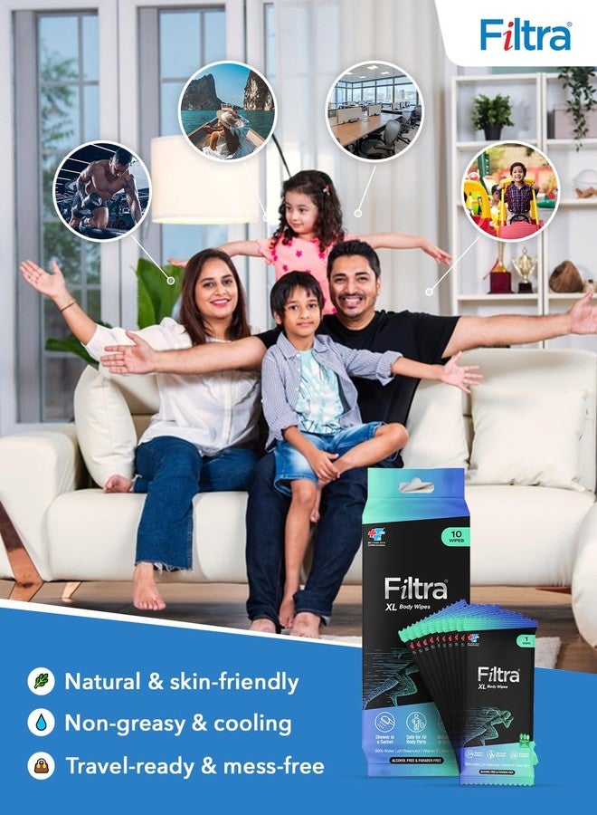 Filtra® XL Body Wipes | Extra Large & Thick Full Body Wipes | Pack of 10 Single Sachets Wipes | Shower in a Sachet | Suited for Gym | Fitness | Sports | Athletes | Cricket | Soccer | Runners | Racket Sports | Travel | Commuter | Trekking | Camping | Festivals | Road Trips - Travel Pack of 10 Single Sachets - 10 count (Pack of 3) - Image 2