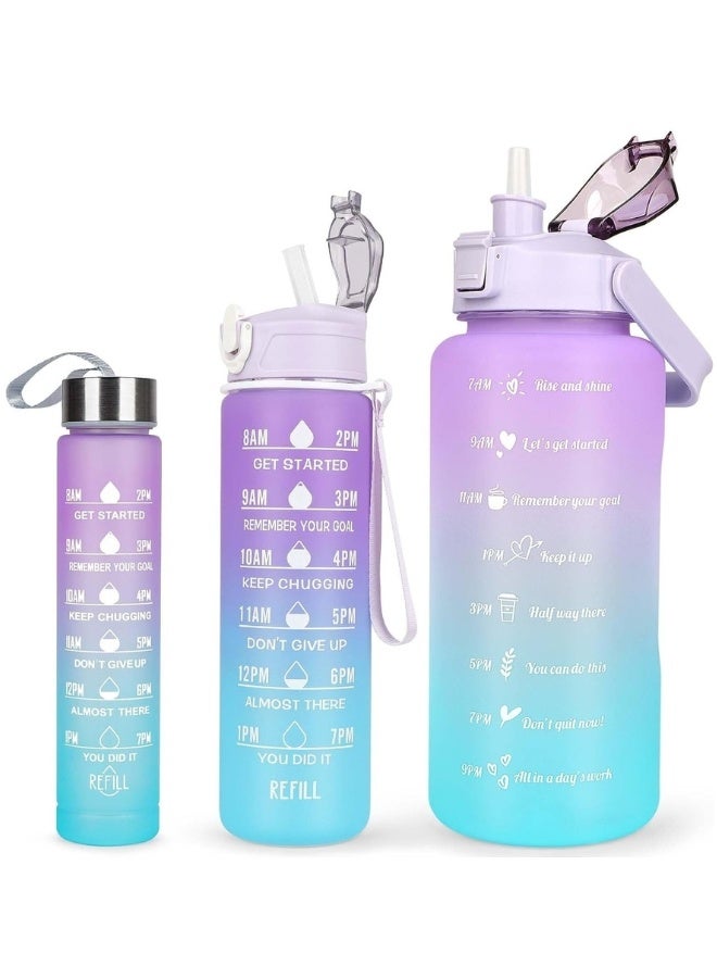 Set of 3 Sports Water Bottles, Different Sizes 2000ml, 900ml, 300ml, Large Water Bottle with Straw Leak-Proof Sports Water Bottle with Time Reminder-Multicolor - Image 1