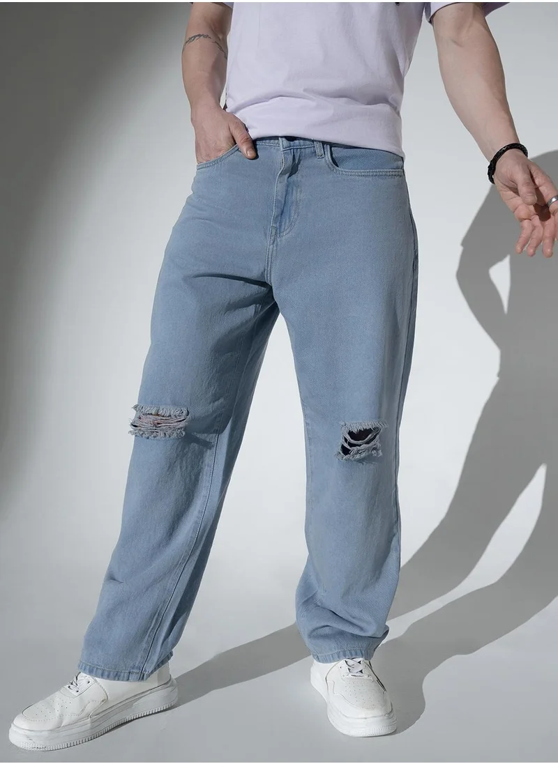 Hubberholme Relaxed Fit Grey Jeans for Men with Mid-Rise and Slash Knee Design