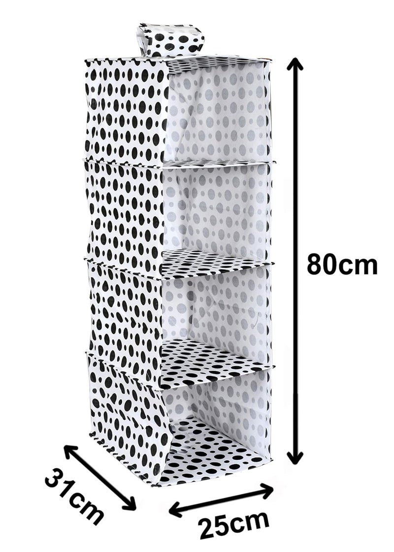 Kuber Industries Dot Print Non Woven Hanging 4 Shelves Foldable WardrobeCloset Cloth Organizer Black WhiteKUBMART15338 - Image 5