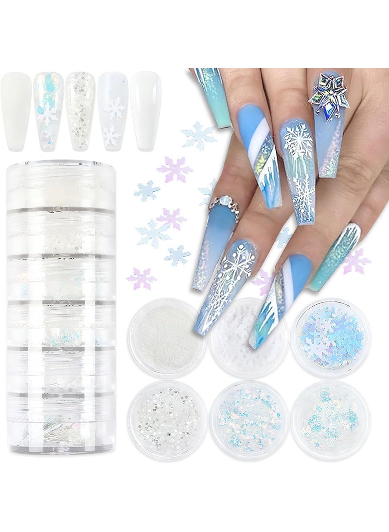 BASEMMAHER Christmas White Dust Sugar Nail Glitter Powder Snowflake Nail Sequins Sugar Sandy Powder Iridescent Mermaid Nail Flakes Shining Ultra-Thin Nail Art Sequins Design for Winter Manicure Nail Art Decor 