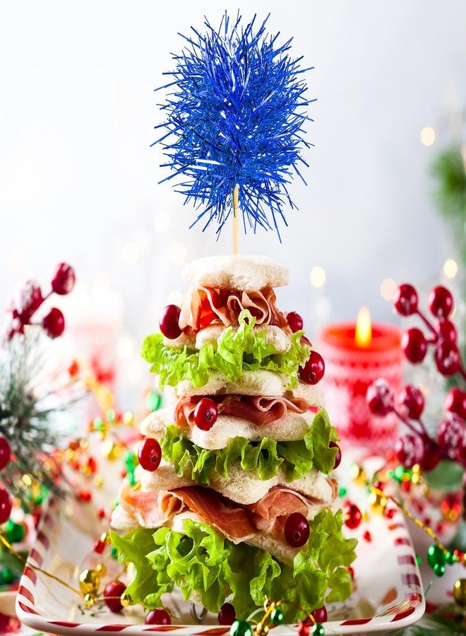 Chinco 100 Pcs Foil Firework Cupcake Toppers Sparkle Tinsel Cake Toppers Cake Decoration Cocktail Fruit Toothpick for Birthday Wedding Graduation Party(Dark Blue, Light Blue, Silver) - Image 3