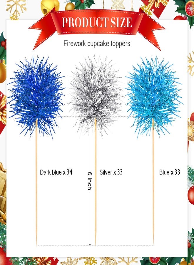 Chinco 100 Pcs Foil Firework Cupcake Toppers Sparkle Tinsel Cake Toppers Cake Decoration Cocktail Fruit Toothpick for Birthday Wedding Graduation Party(Dark Blue, Light Blue, Silver) - Image 2