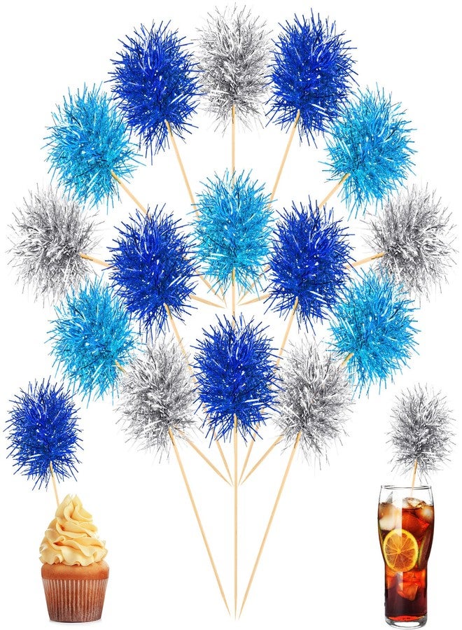 Chinco 100 Pcs Foil Firework Cupcake Toppers Sparkle Tinsel Cake Toppers Cake Decoration Cocktail Fruit Toothpick for Birthday Wedding Graduation Party(Dark Blue, Light Blue, Silver) - Image 1