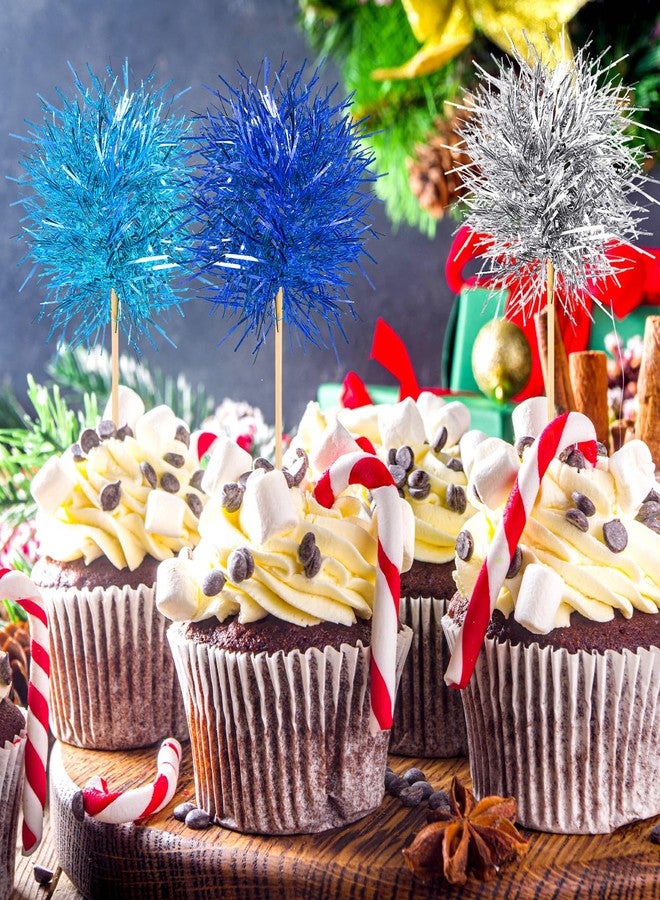 Chinco 100 Pcs Foil Firework Cupcake Toppers Sparkle Tinsel Cake Toppers Cake Decoration Cocktail Fruit Toothpick for Birthday Wedding Graduation Party(Dark Blue, Light Blue, Silver) - Image 4