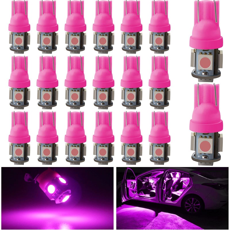 YM EBright T10 194 Led Bulb 168 W5W 2825 LED Bulb For Car Interior Lights Dome Map Trunk Light License Plate Light Lamp 5050 5SMD DC 12VPinky Purple Pack of 20
