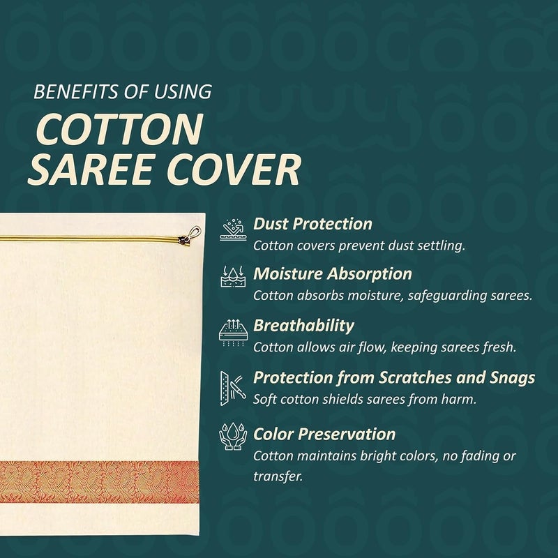 Kottify Cotton Saree CoverSaree BagsClothes Covers Set of 6 of 16 x 14 inches for Clothes Storage bag Travelling Wardrobe Organizer with MeshWindow - Image 5