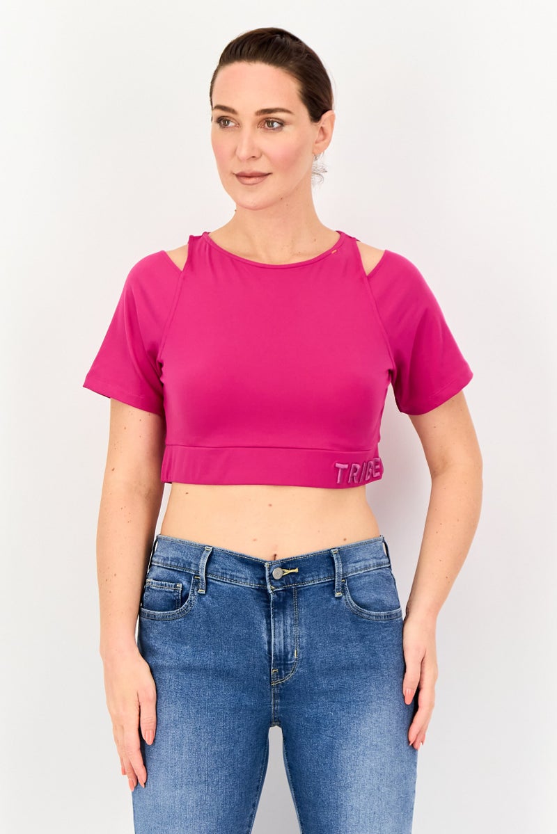 TRIBE OF 6 Women Round Neck Short Sleeve Embroidered Logo T-shirt, Dark Purple - Image 1