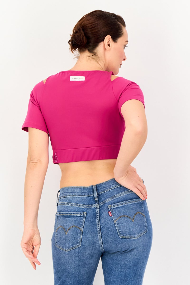 TRIBE OF 6 Women Round Neck Short Sleeve Embroidered Logo T-shirt, Dark Purple - Image 3