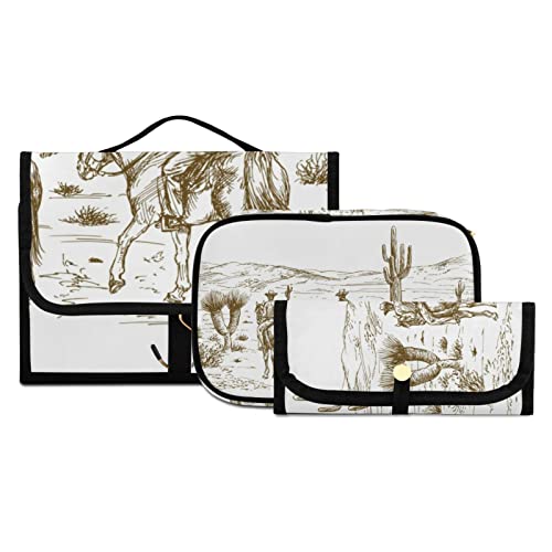WELLDAY Western Desert Cowboys Travel Toiletry Bag Cosmetic Make up Brush Cases Hanging Water-resistant Accessories Organizer for Women 3PCS - Image 1