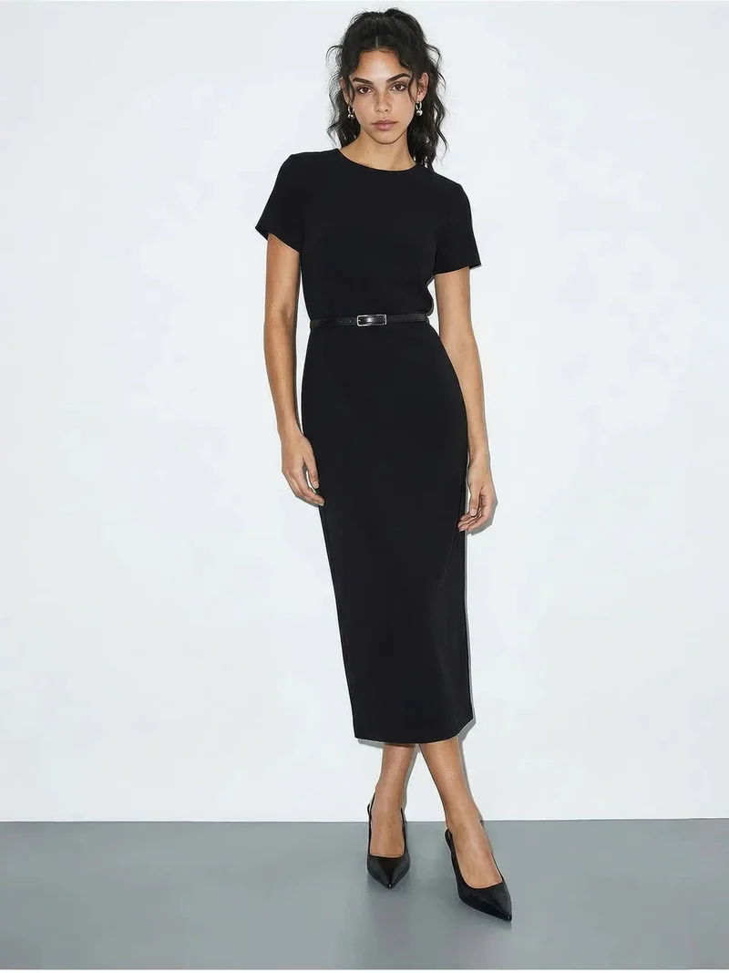 بيانكو لوتشي LUCCI Belted Midi Dress with Crew Neck