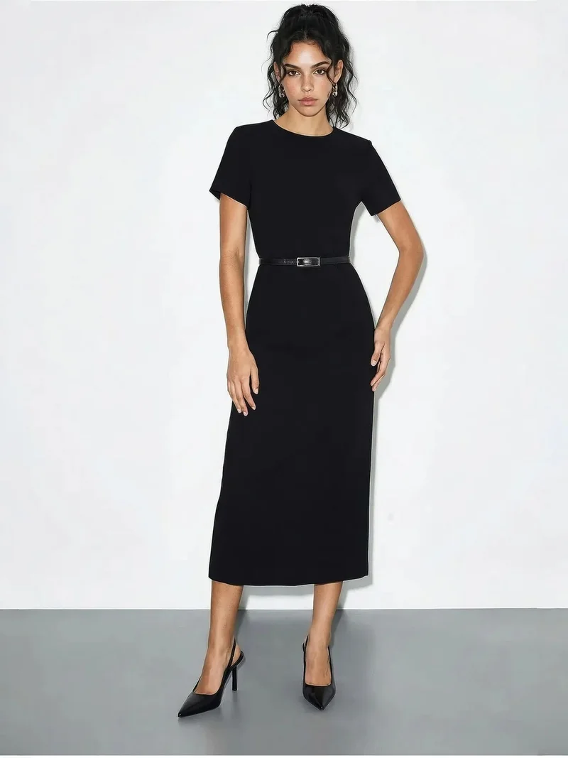 بيانكو لوتشي LUCCI Belted Midi Dress with Crew Neck
