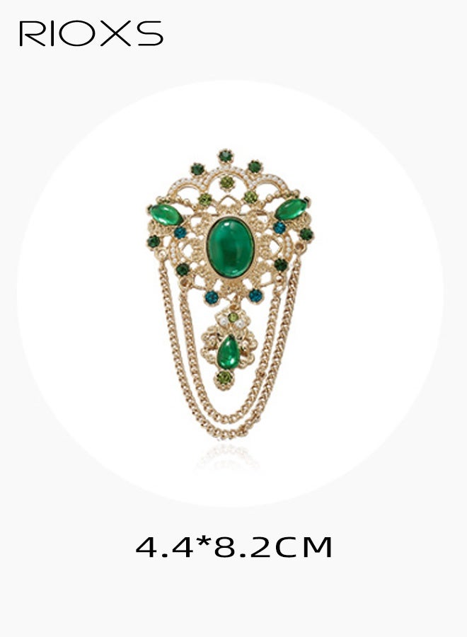 RIOXS Women's Rhinestone Tassel Brooches, Dainty Emerald Green Cubic Zirconia Tassel Drop Brooch Lapel Pins for Ladies, Vintage Antique Gold-Tone Simulated Brooches Pin for Dress Suit Hat Bag Accessories, for Party Wedding Dating Performance Prom etc. - Image 5