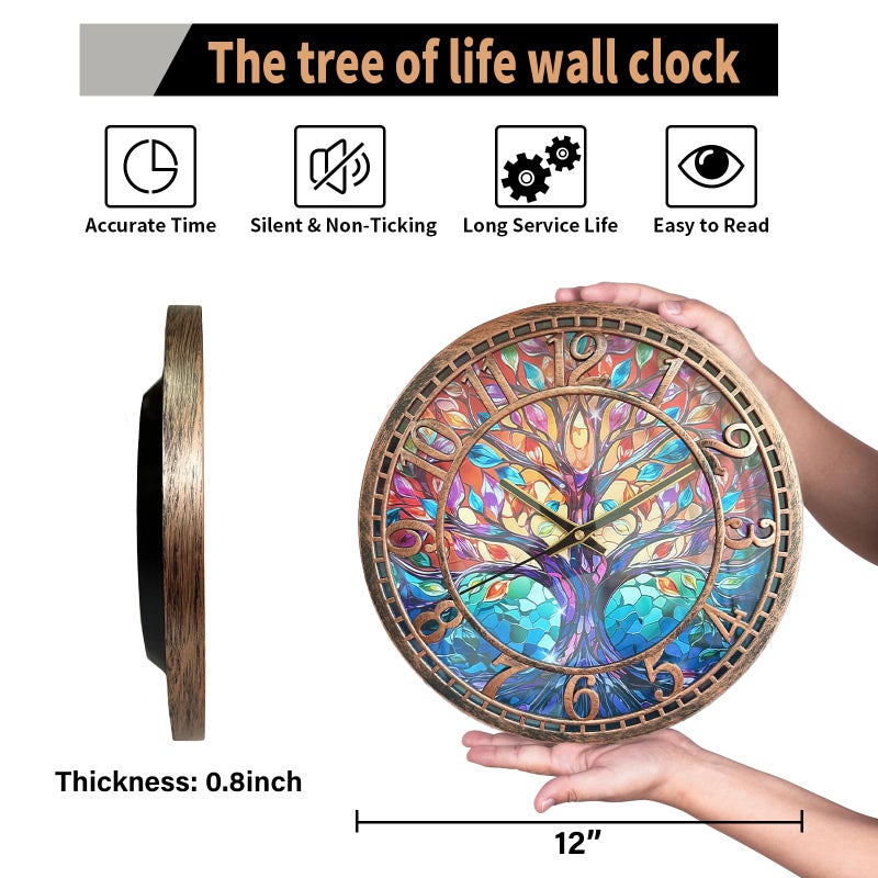 WANGIRO Tree of Life Wall Clock 12inch Silent Movement Non-Ticking Clock Precise Timekeeping Wall Clock Suitable for Living Rooms Bedrooms Offices Ideal for Home Decor Gifts Antique Copper - Image 3