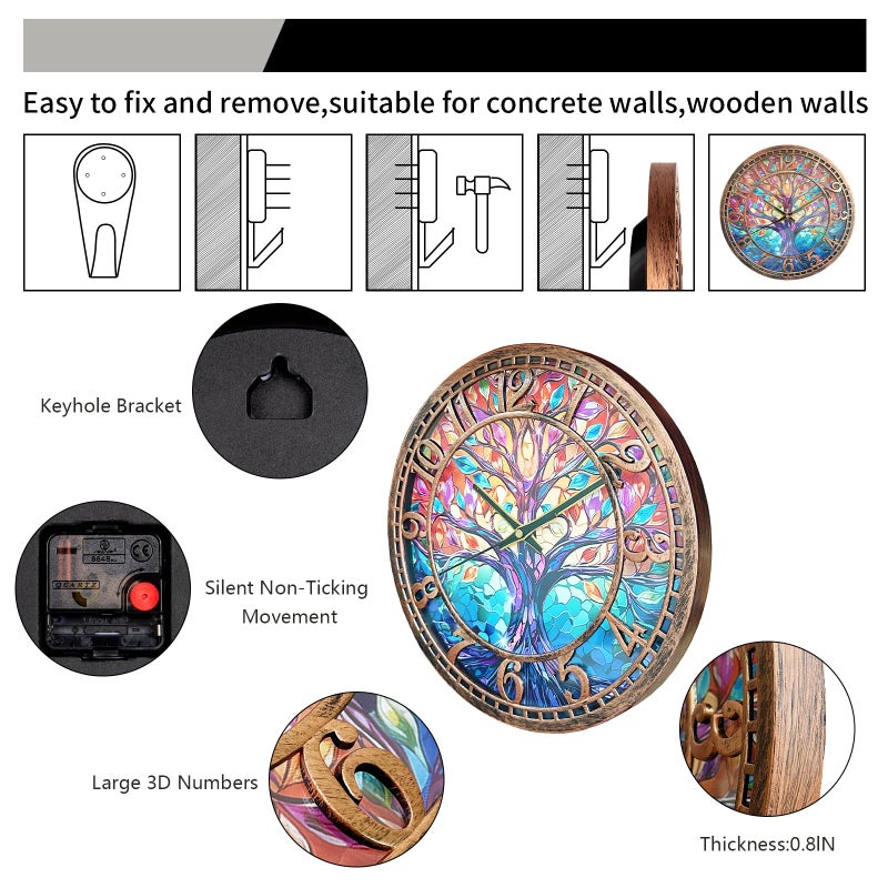 WANGIRO Tree of Life Wall Clock 12inch Silent Movement Non-Ticking Clock Precise Timekeeping Wall Clock Suitable for Living Rooms Bedrooms Offices Ideal for Home Decor Gifts Antique Copper - Image 4
