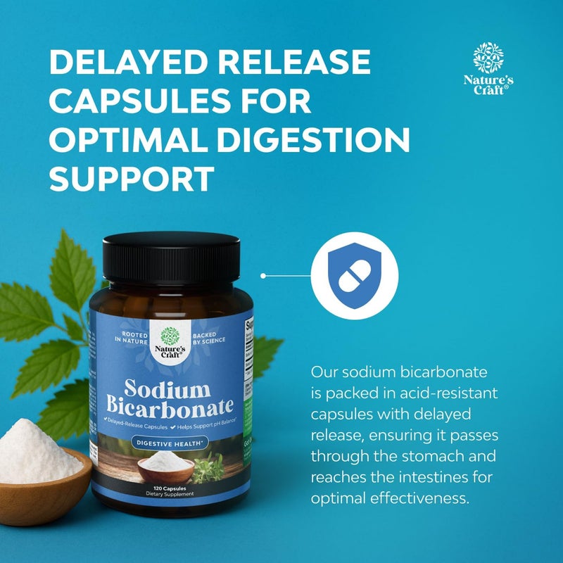 Natures Craft High Purity Sodium Bicarbonate Capsules for pH Balance Digestive Support and Heartburn Relief  650mg Per Serving  NonGMO GlutenFree EasytoSwallow GMPCertified Formula  120 Capsules - Image 3