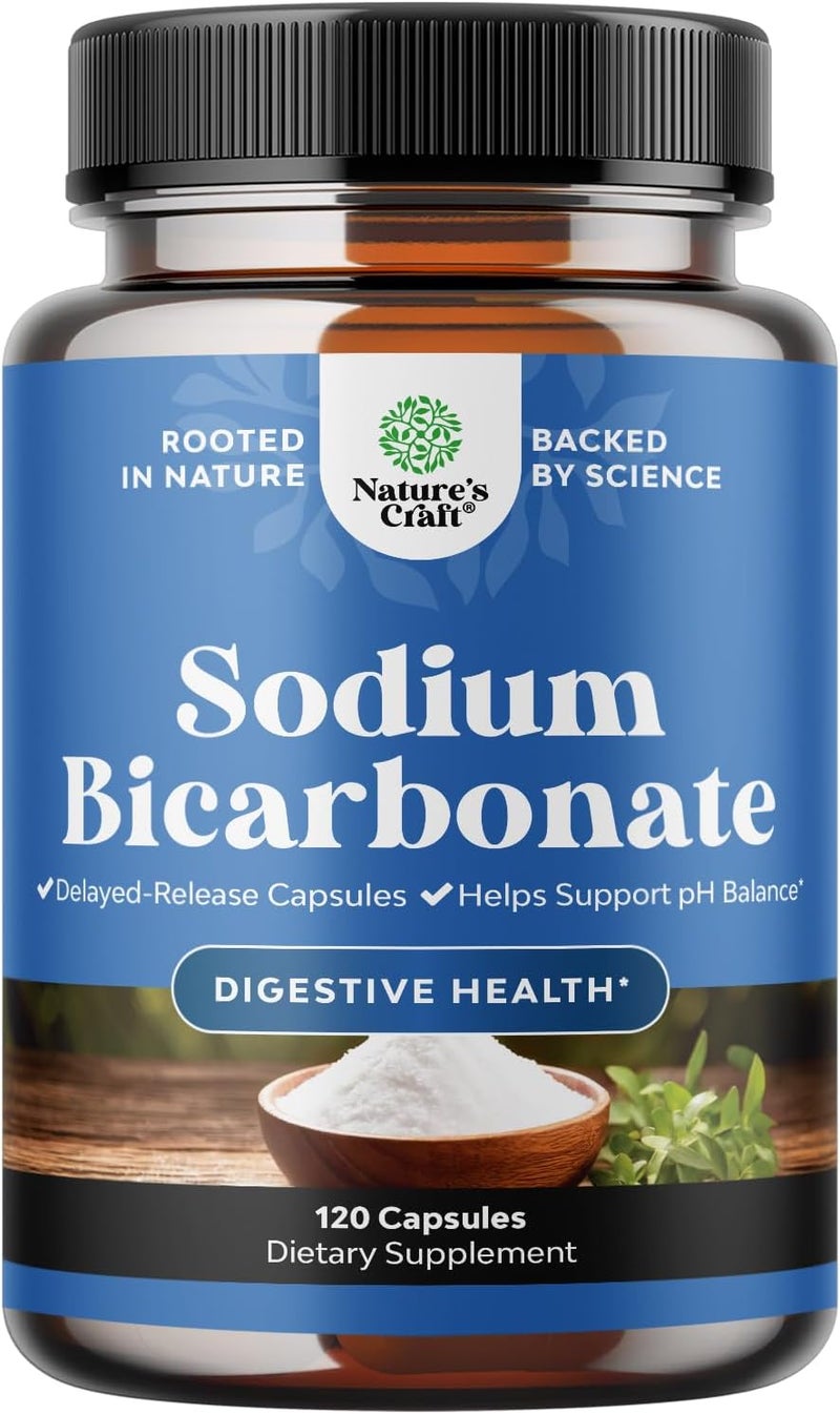 Natures Craft High Purity Sodium Bicarbonate Capsules for pH Balance Digestive Support and Heartburn Relief  650mg Per Serving  NonGMO GlutenFree EasytoSwallow GMPCertified Formula  120 Capsules - Image 1