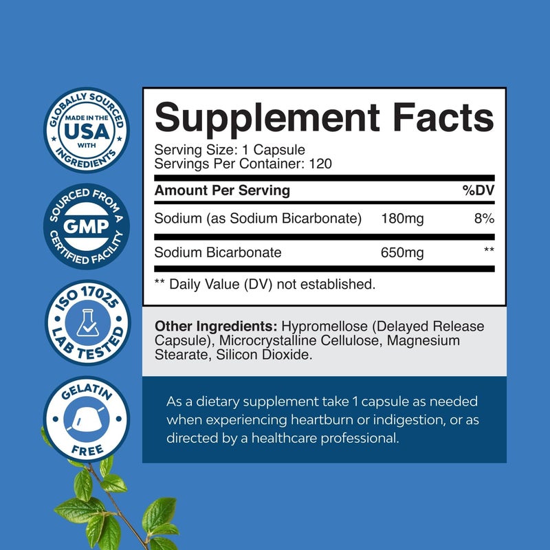 Natures Craft High Purity Sodium Bicarbonate Capsules for pH Balance Digestive Support and Heartburn Relief  650mg Per Serving  NonGMO GlutenFree EasytoSwallow GMPCertified Formula  120 Capsules - Image 2