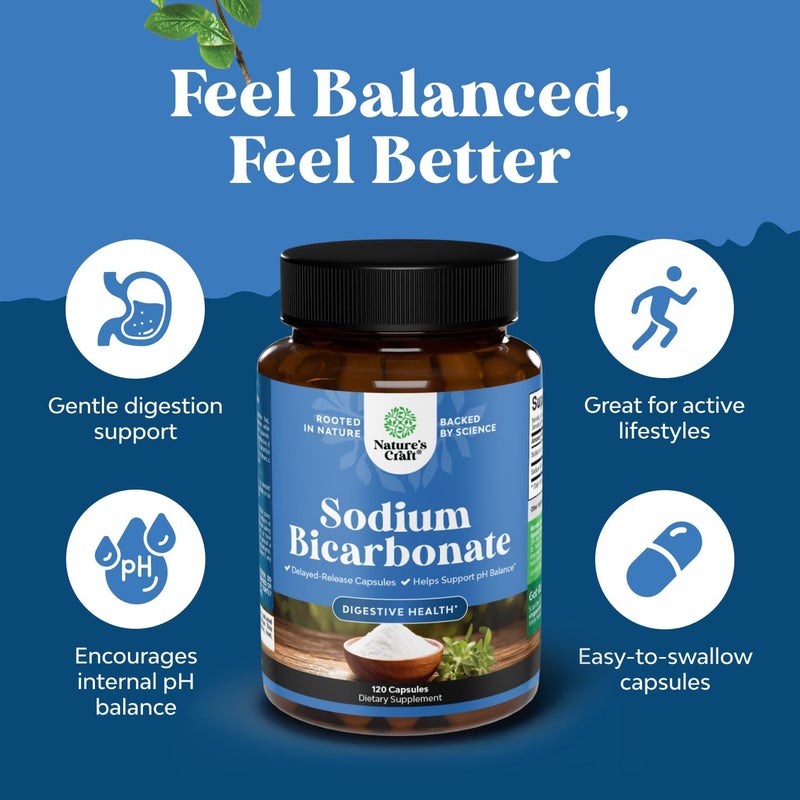 Natures Craft High Purity Sodium Bicarbonate Capsules for pH Balance Digestive Support and Heartburn Relief  650mg Per Serving  NonGMO GlutenFree EasytoSwallow GMPCertified Formula  120 Capsules - Image 4