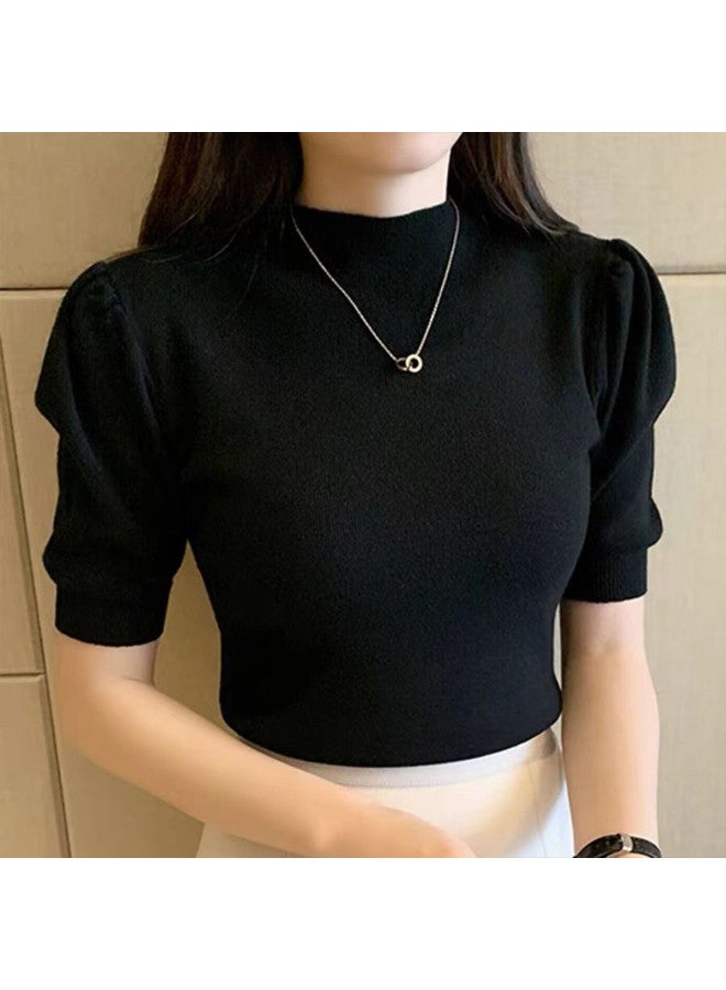 Modal Simple And Elegant Short-Sleeved Knitwear, Perfect For Daily Wear And Commuting, Featuring A Semi-High Neck Design, Fashionable Women'S Base Layer Top - Image 4