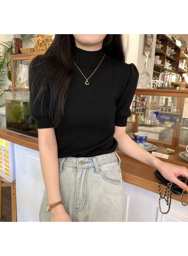 Modal Simple And Elegant Short-Sleeved Knitwear, Perfect For Daily Wear And Commuting, Featuring A Semi-High Neck Design, Fashionable Women'S Base Layer Top - Image 3