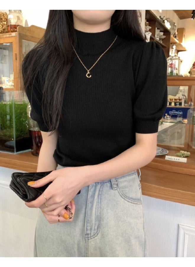 Modal Simple And Elegant Short-Sleeved Knitwear, Perfect For Daily Wear And Commuting, Featuring A Semi-High Neck Design, Fashionable Women'S Base Layer Top - Image 1