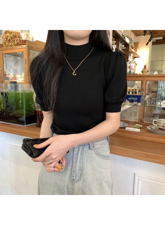 Modal Simple And Elegant Short-Sleeved Knitwear, Perfect For Daily Wear And Commuting, Featuring A Semi-High Neck Design, Fashionable Women'S Base Layer Top - Image 2