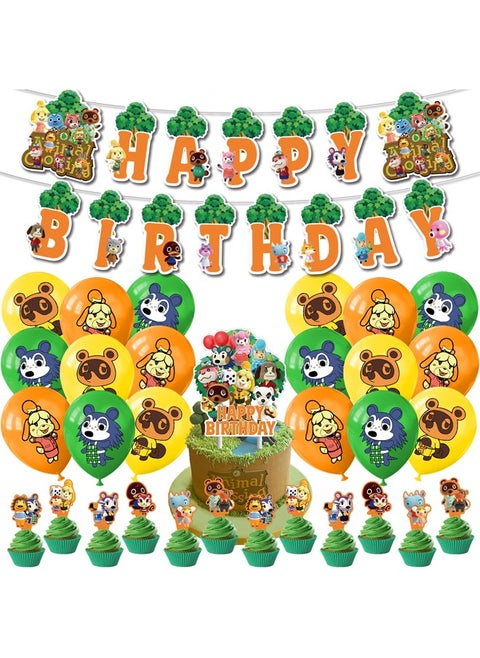 Animal Crossing Balloon Set with Happy Birthday Banner,Cake Topper,Perfect for Graduation Baby Shower Birthday Bachelorette Party Backdrop Decoration,Suitable for Indoor and Outdoor